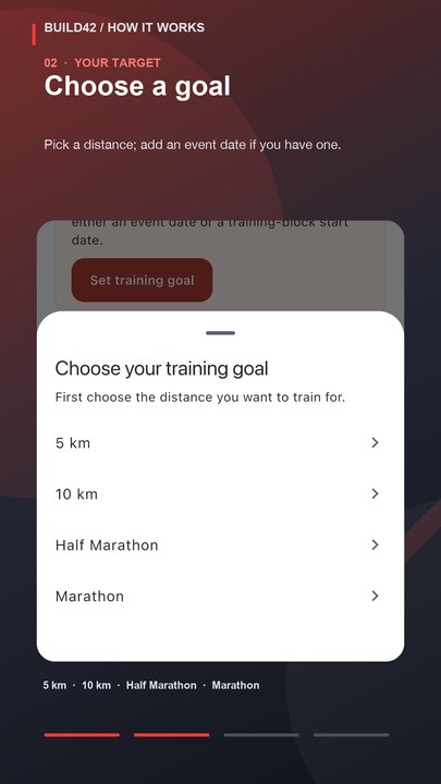 Build42 goal chooser with 5 km, 10 km, Half Marathon and Marathon options