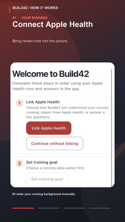 Build42 setup screen offering Apple Health linking or manual entry