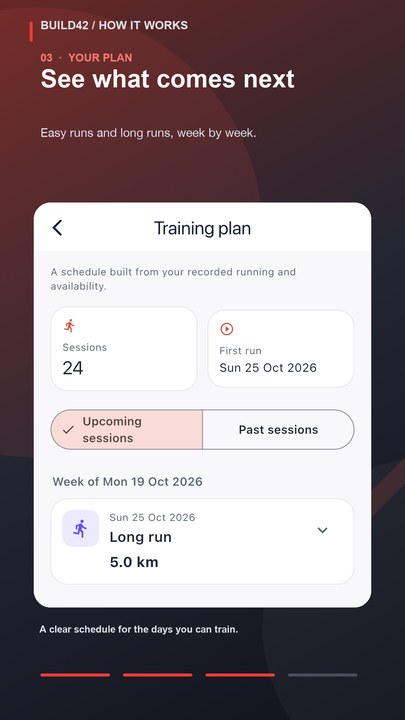 Build42 training plan showing the next easy run and upcoming sessions