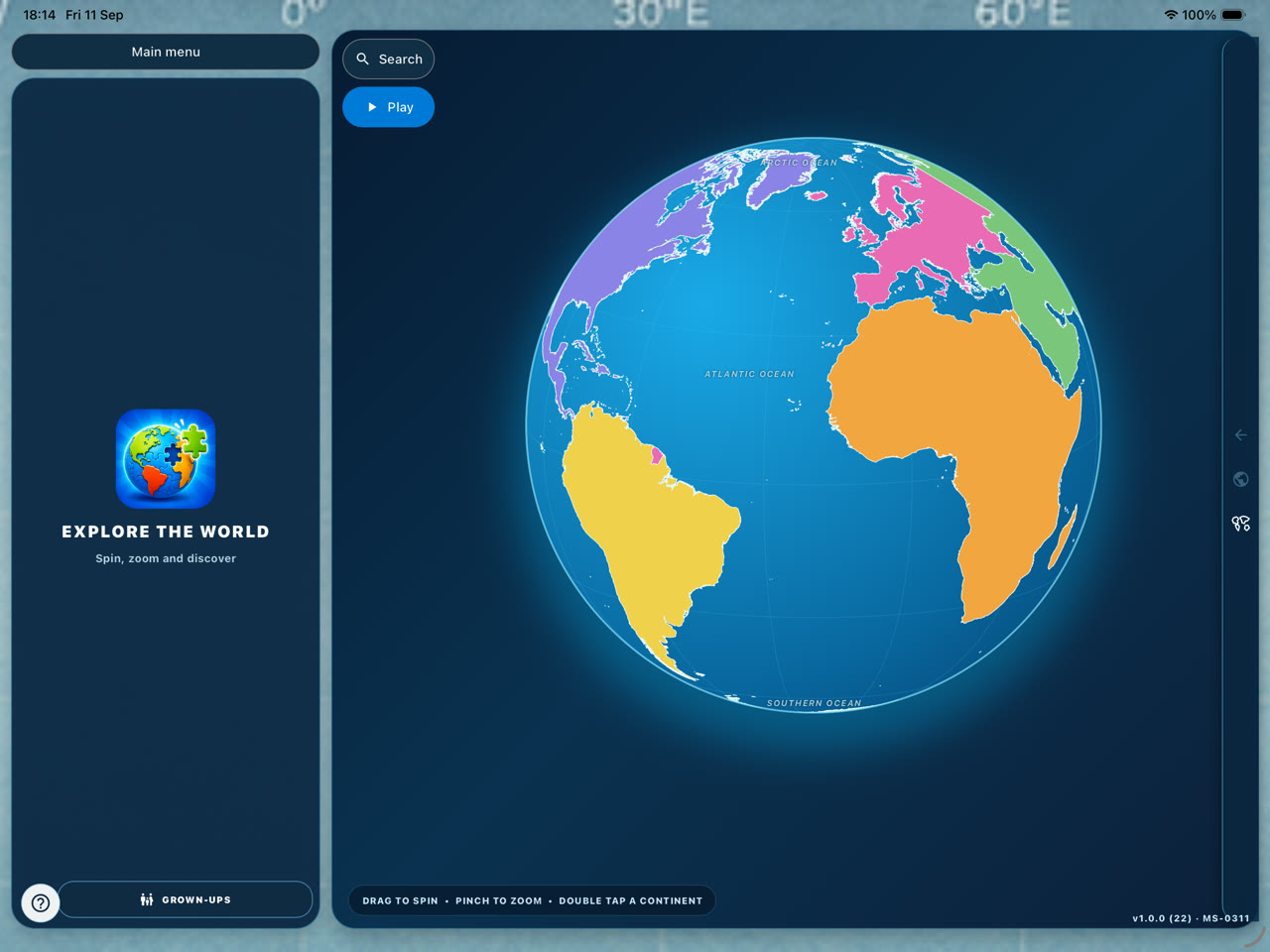 MapSnap's interactive globe on iPad, showing continents and oceans